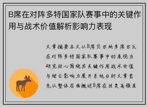 B席在对阵多特国家队赛事中的关键作用与战术价值解析影响力表现